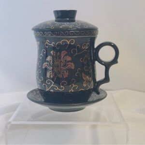 Vintage Cup, Saucer, Infuser & Lid Chinese Bone China Set Black & Gold Tone Pain